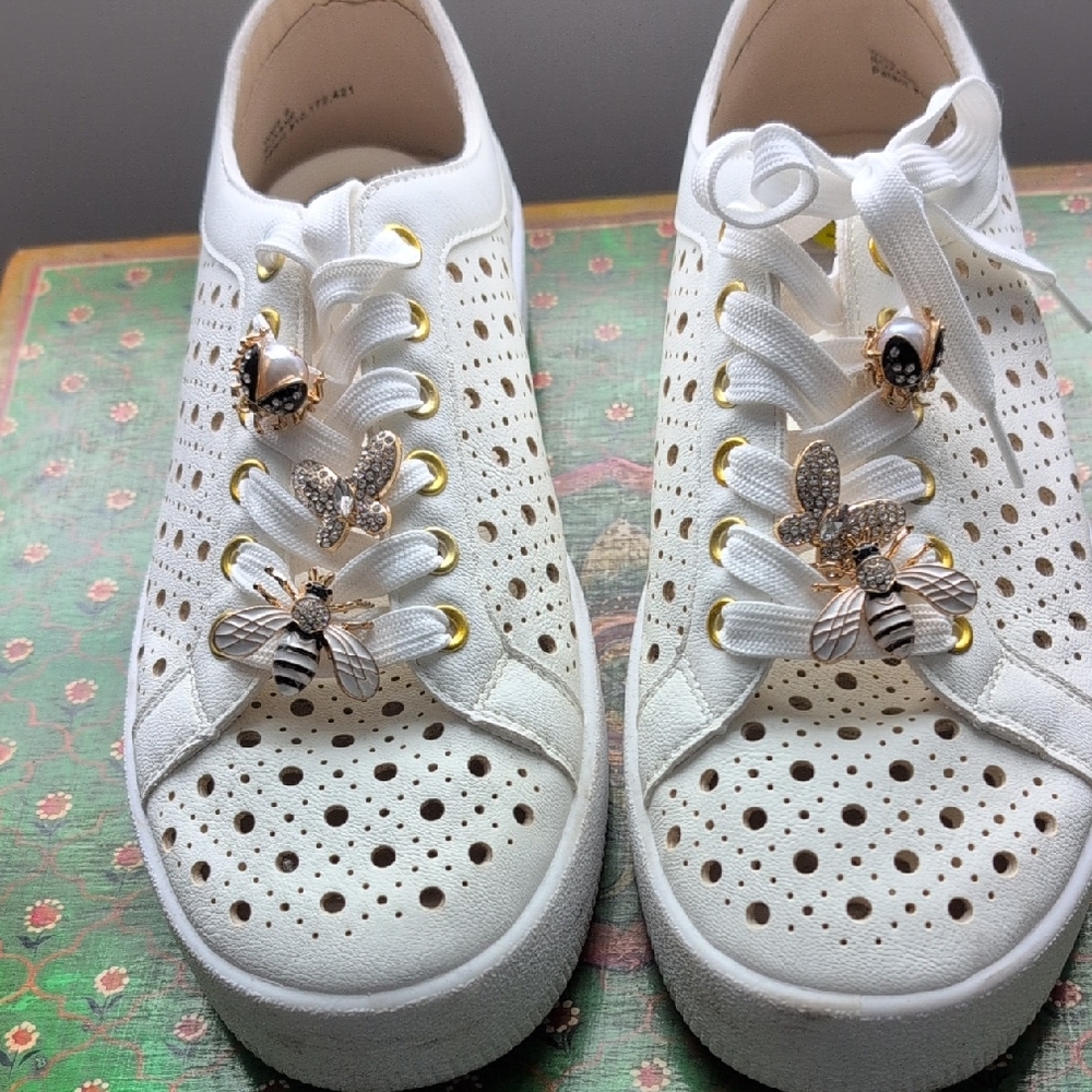 DV by Dolce Vita White Laser-Cut Sneakers with Gold Bee Charms
